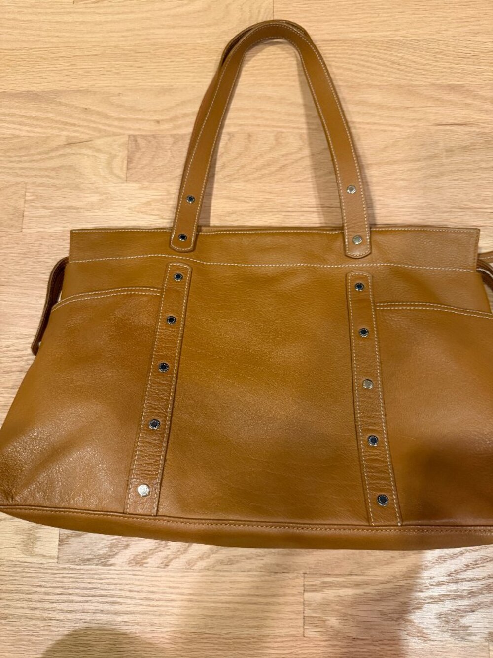 Longchamp Tan Pebbled Leather Studded Tote Orange Lining
